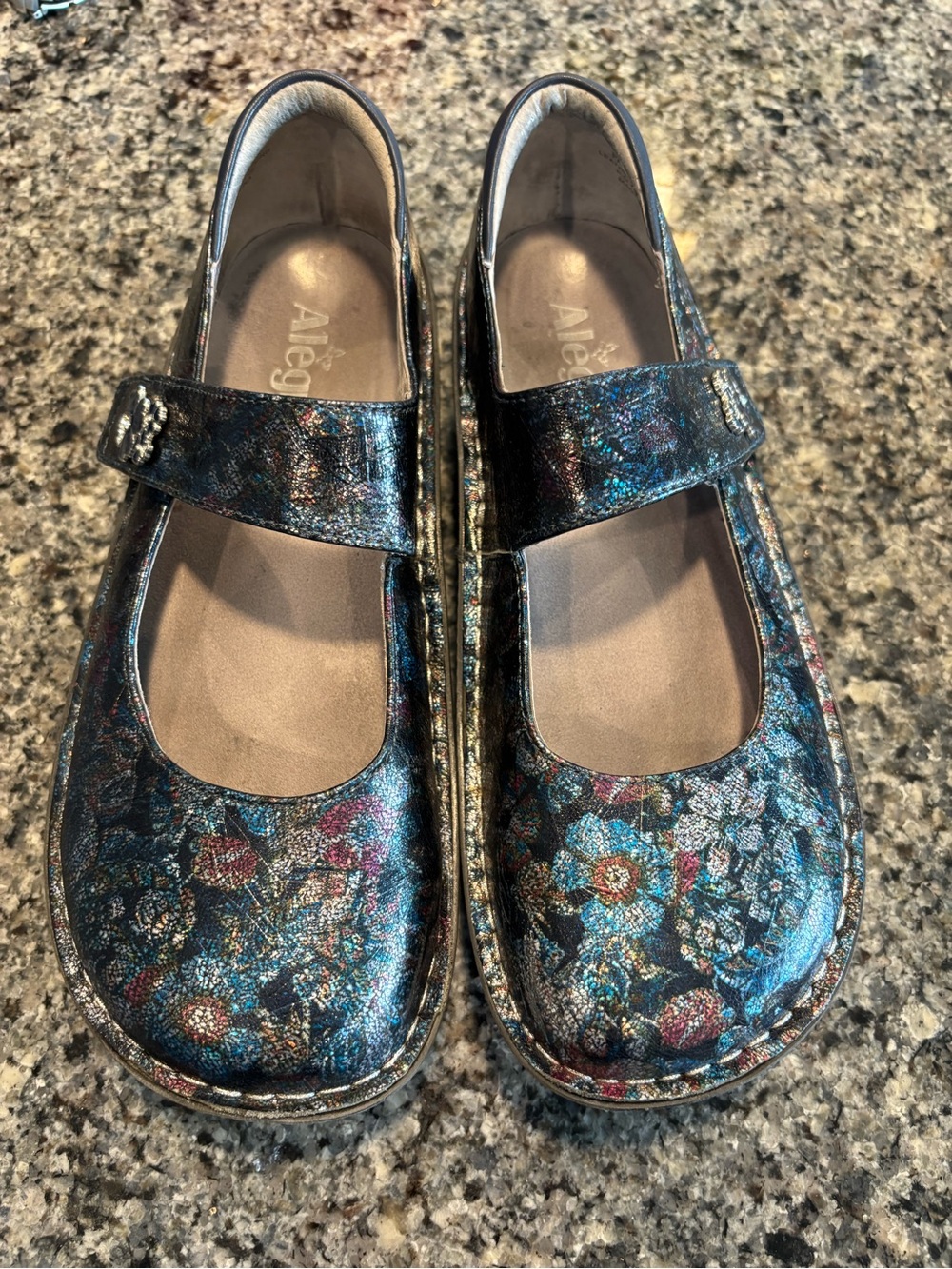 Alegria Paloma Floral Iridescent Black Mary Jane Shoes